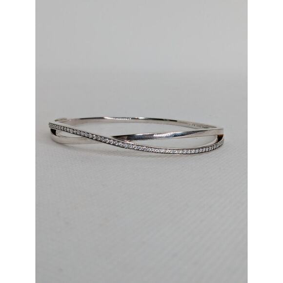 Pandora Sterling Silver 925 Twisted Clear CZ Hinged Bangle Bracelet Size 3 7.5" - Picture 1 of 6